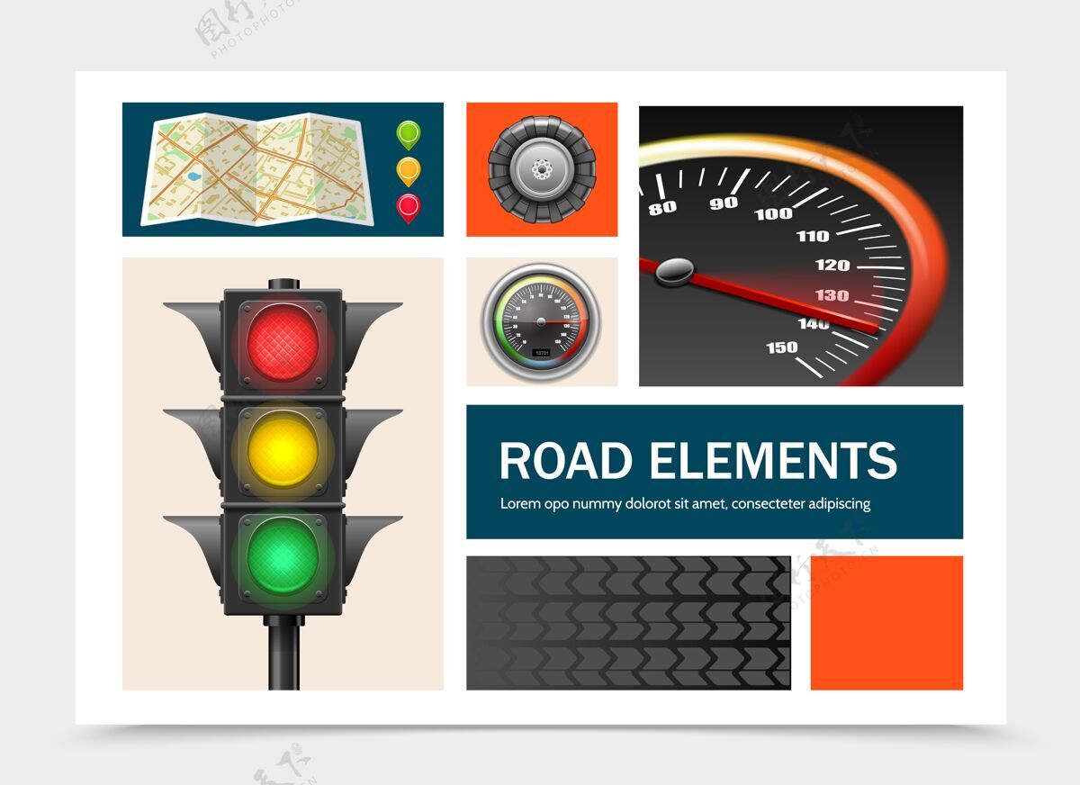 街道真实的道路元素设置导航地图指针交通灯车速表拖拉机轮胎插图道路指针路线