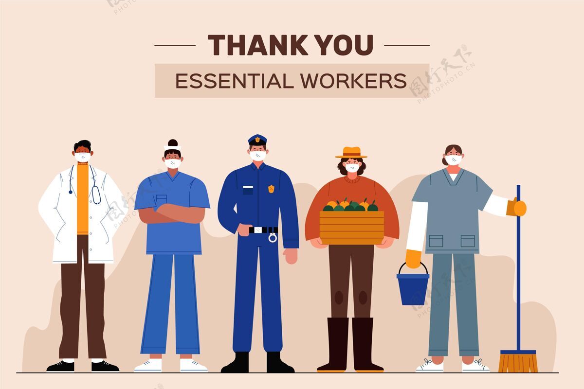 感恩有机平面感谢您必不可少的工人插图流行病谢谢你们人类