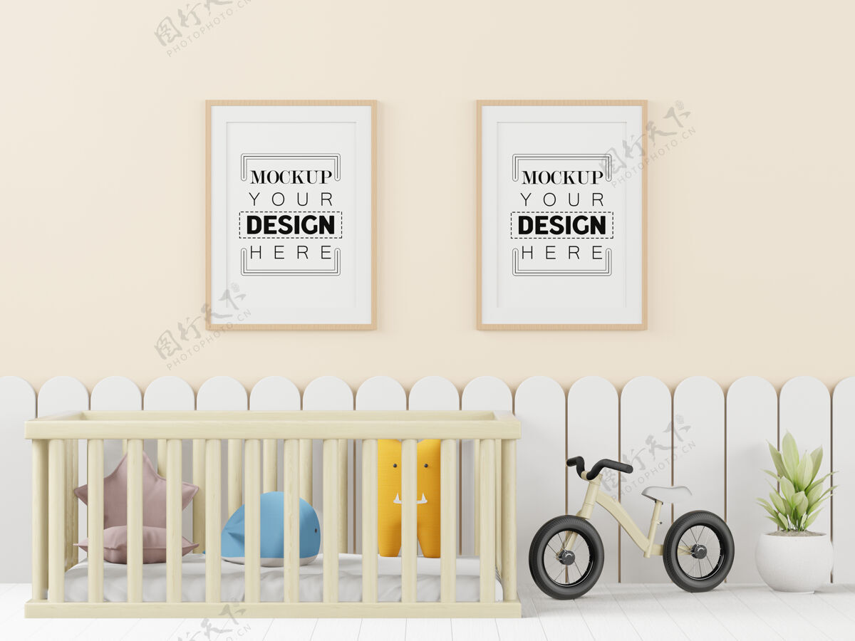 三维渲染儿童卧室psd模型的海报框架框架白色装饰