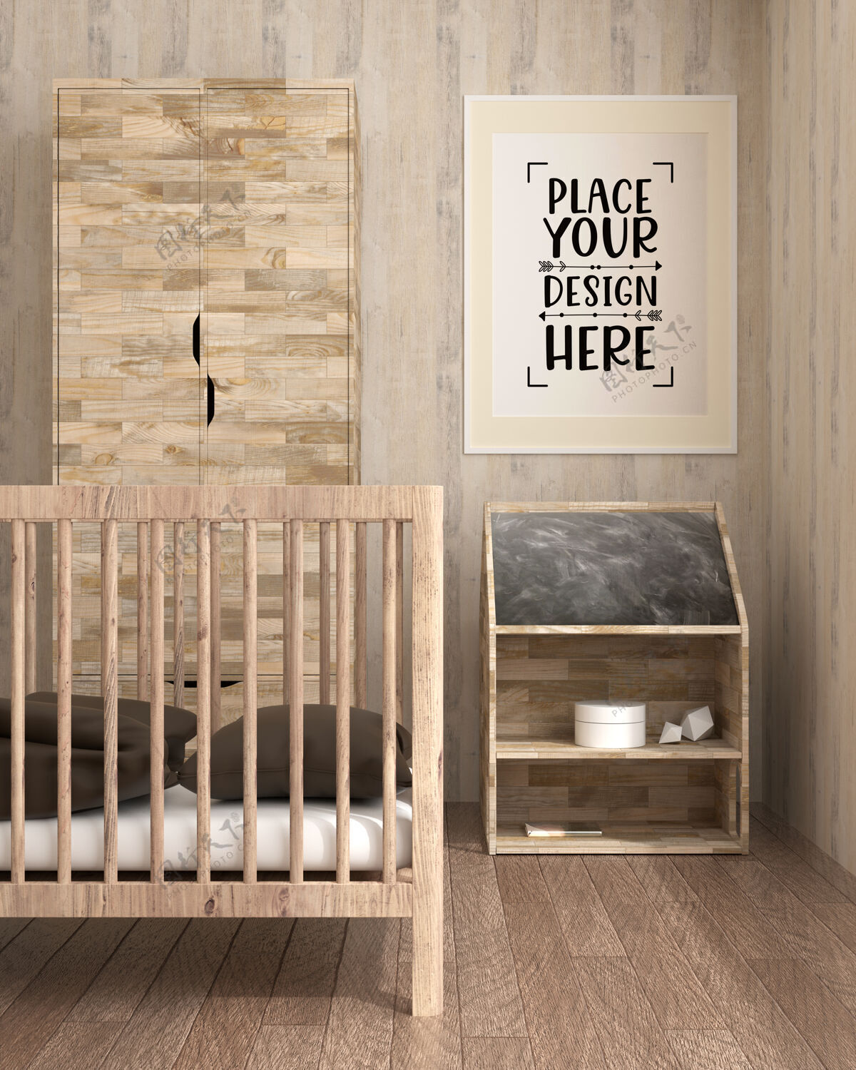 房子儿童卧室psd模型的海报框架装饰家具房间