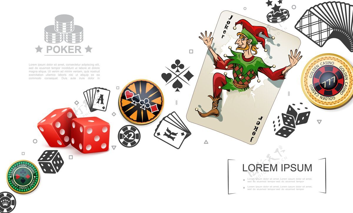 扑克现实的赌博和扑克元素概念与小丑扑克牌骰子丰富多彩的赌场筹码元素卡片小丑