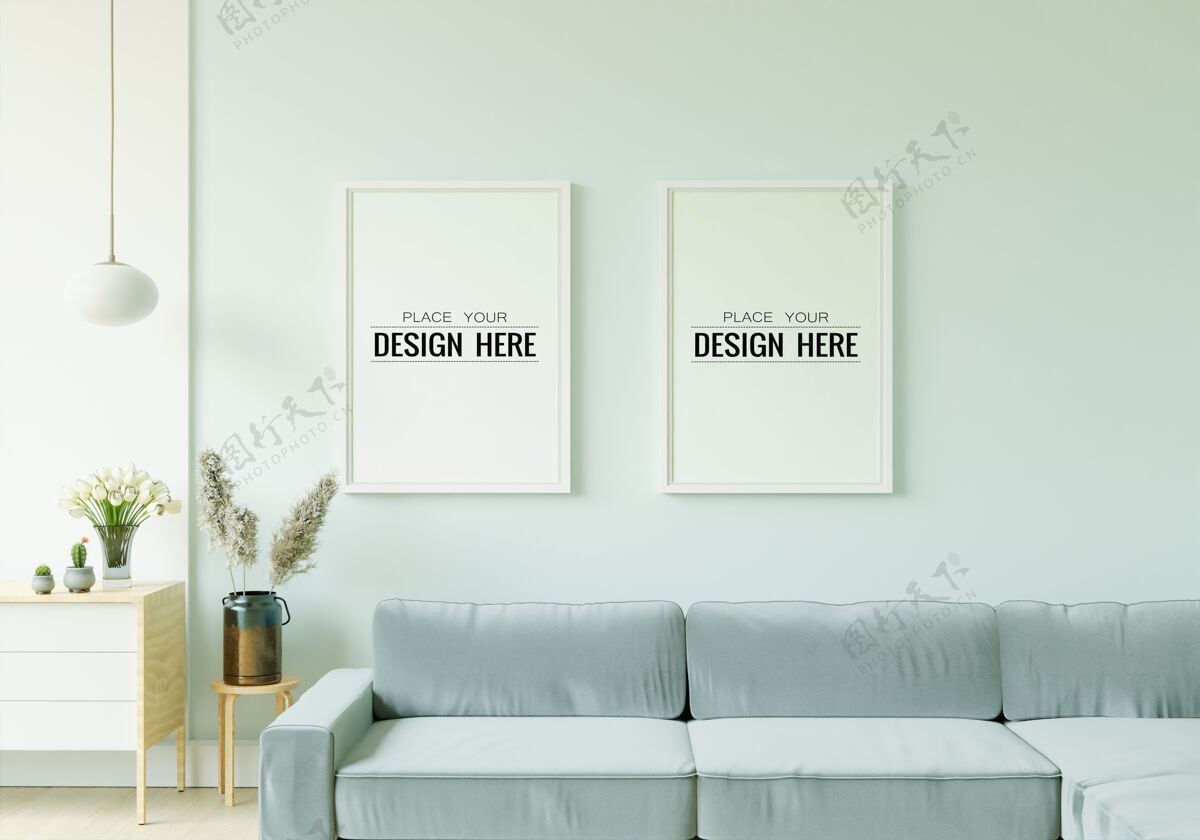 家具客厅模型中的海报框架公寓地板现代室内