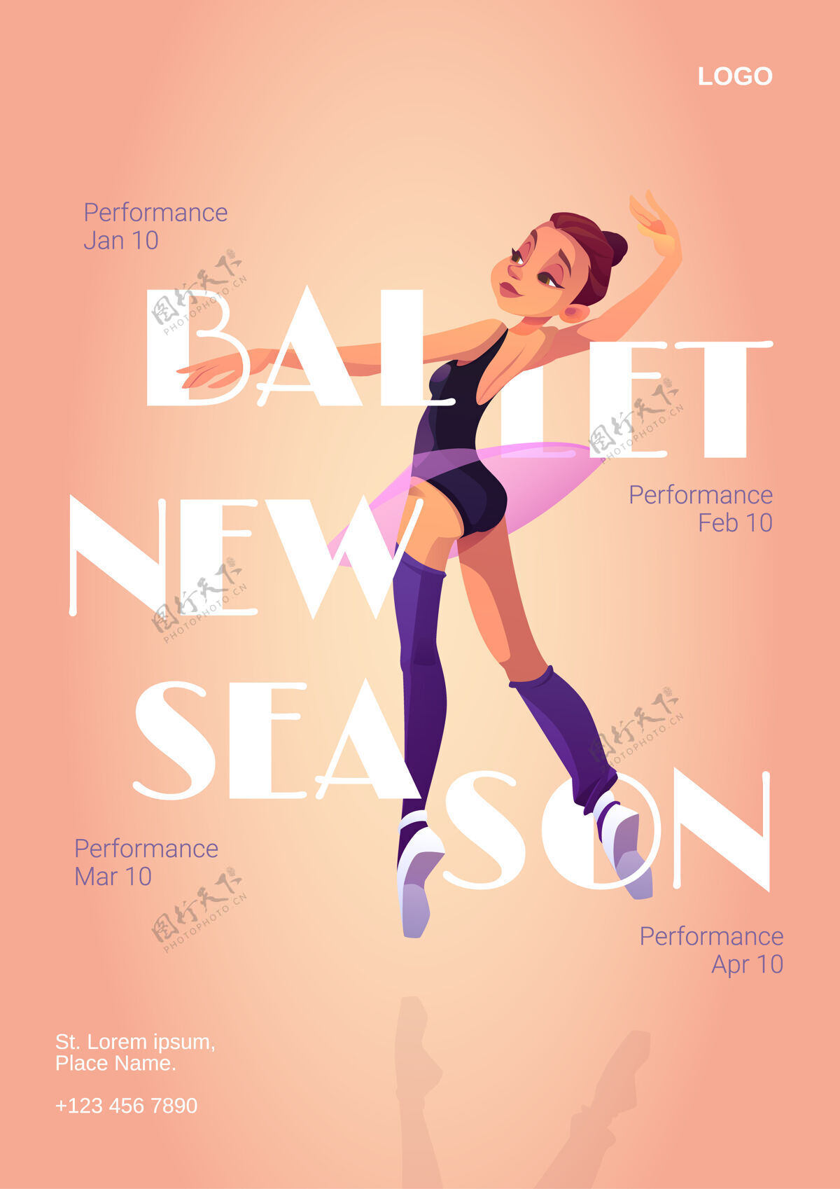 新的芭蕾舞新赛季卡通海报与芭蕾舞演员在芭蕾和尖头鞋站在舞蹈的立场经典女女人