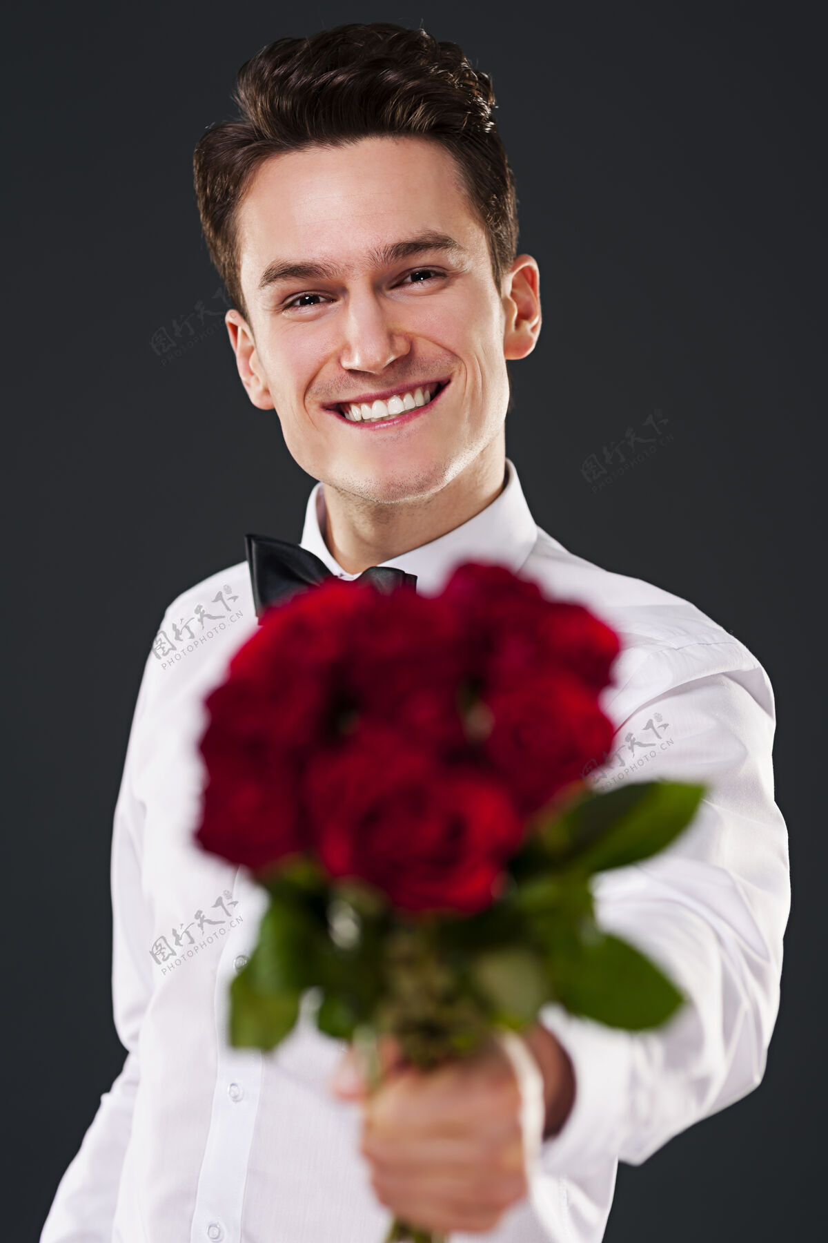 优雅深灰色墙上的帅哥玫瑰给予快乐