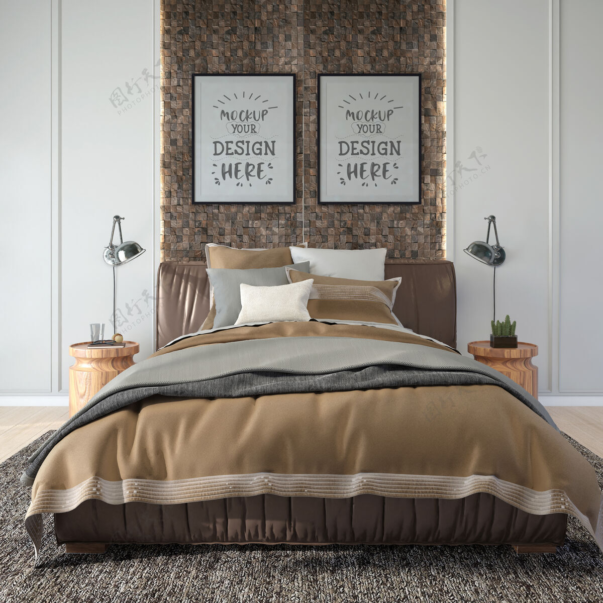 灰色海报框架模型室内卧室框架床公寓