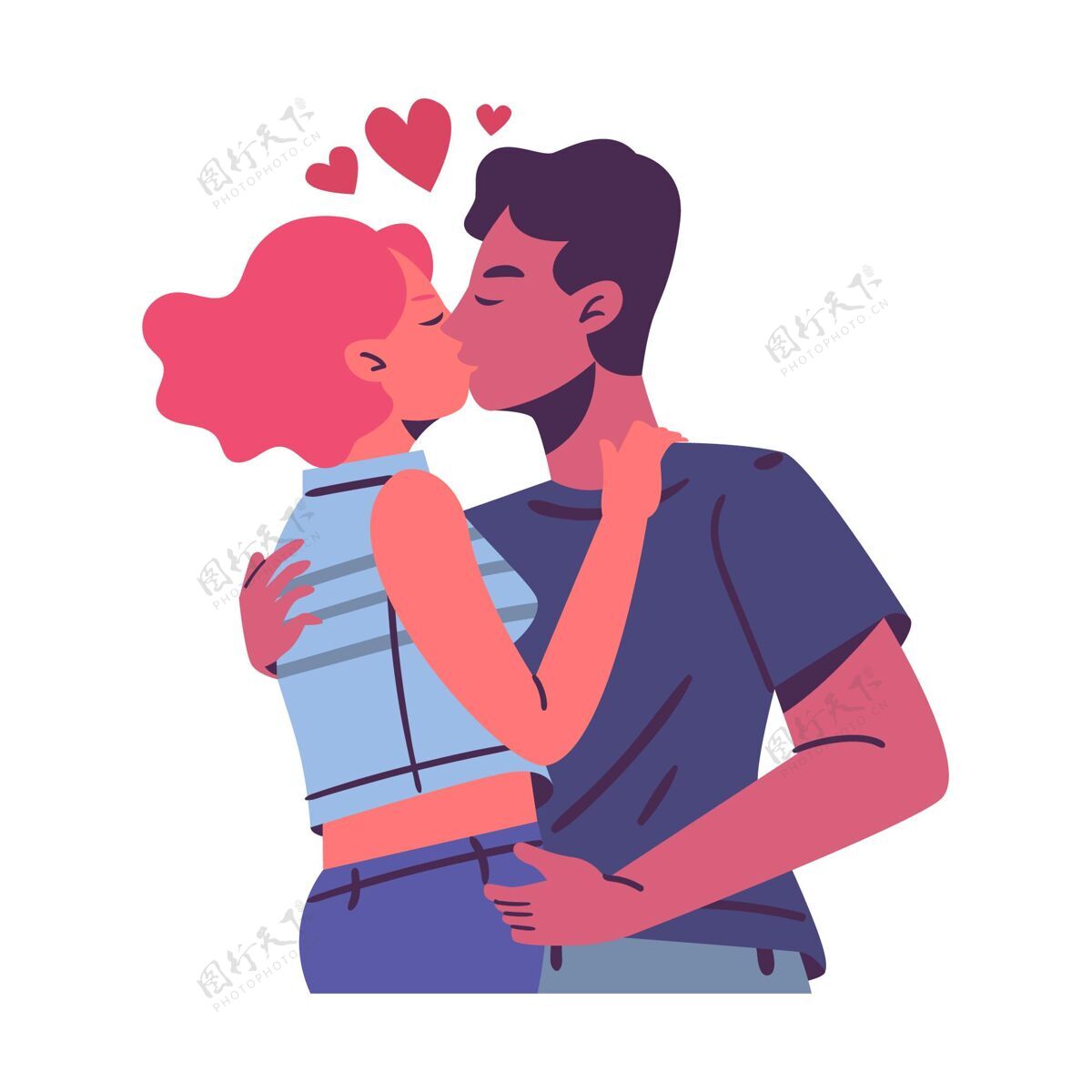 女性手绘可爱情侣接吻在一起爱关系