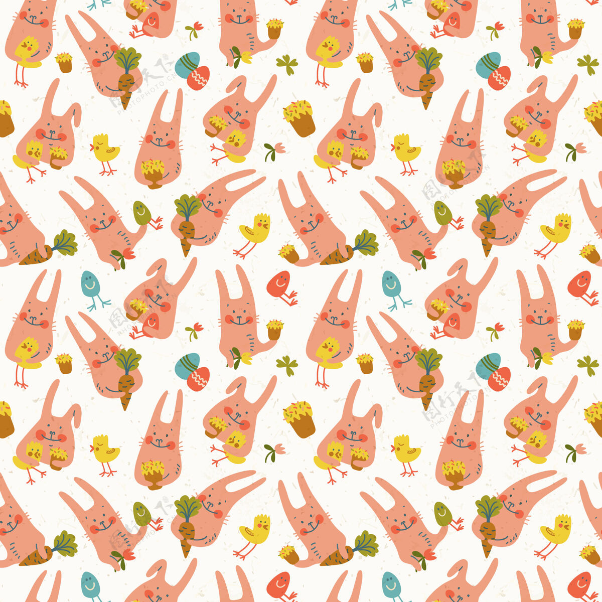 欢乐可爱的快乐复活节兔子与鸡 花 蛋和胡萝卜无缝模式涂鸦乐趣篮子小鸡