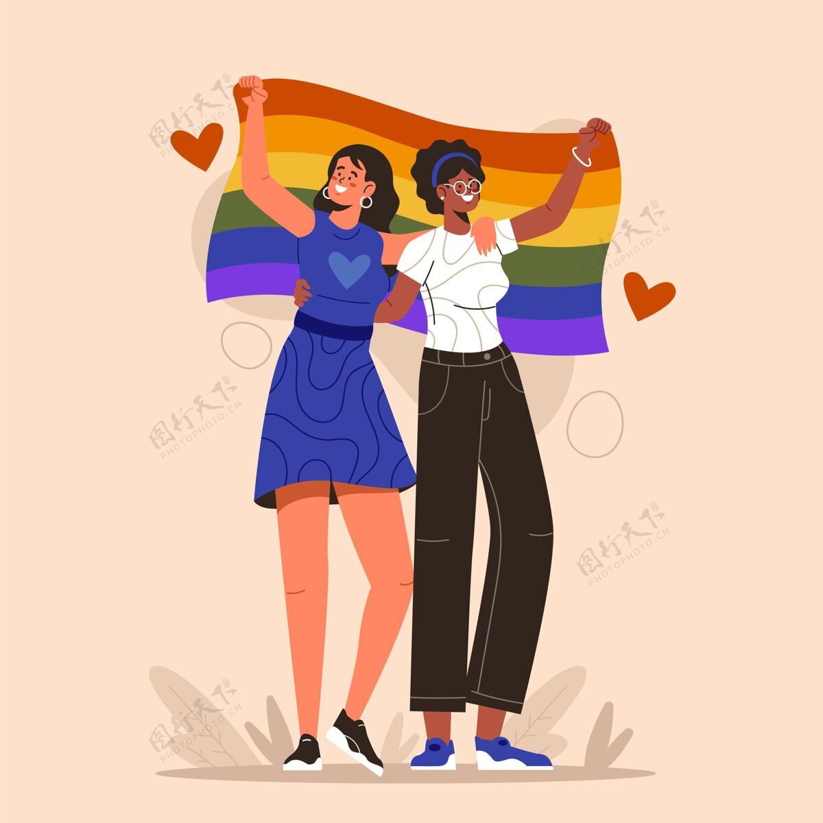 关系有机平面女同性恋夫妇与lgbt的旗帜人家庭爱