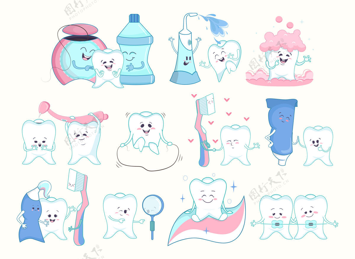 意识牙齿护理收藏牙齿 牙膏 牙线 牙科工具卡通人物的脸和情感隔离在白色健康蛀牙卡通