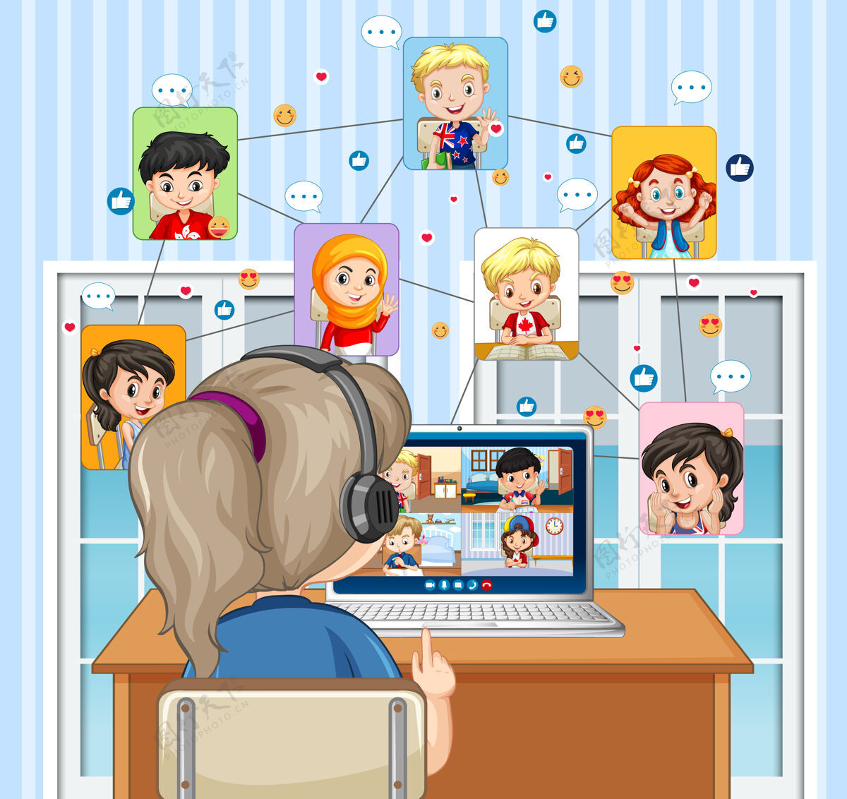 童年女孩看电脑与朋友视频会议的后视图会议男性计算机