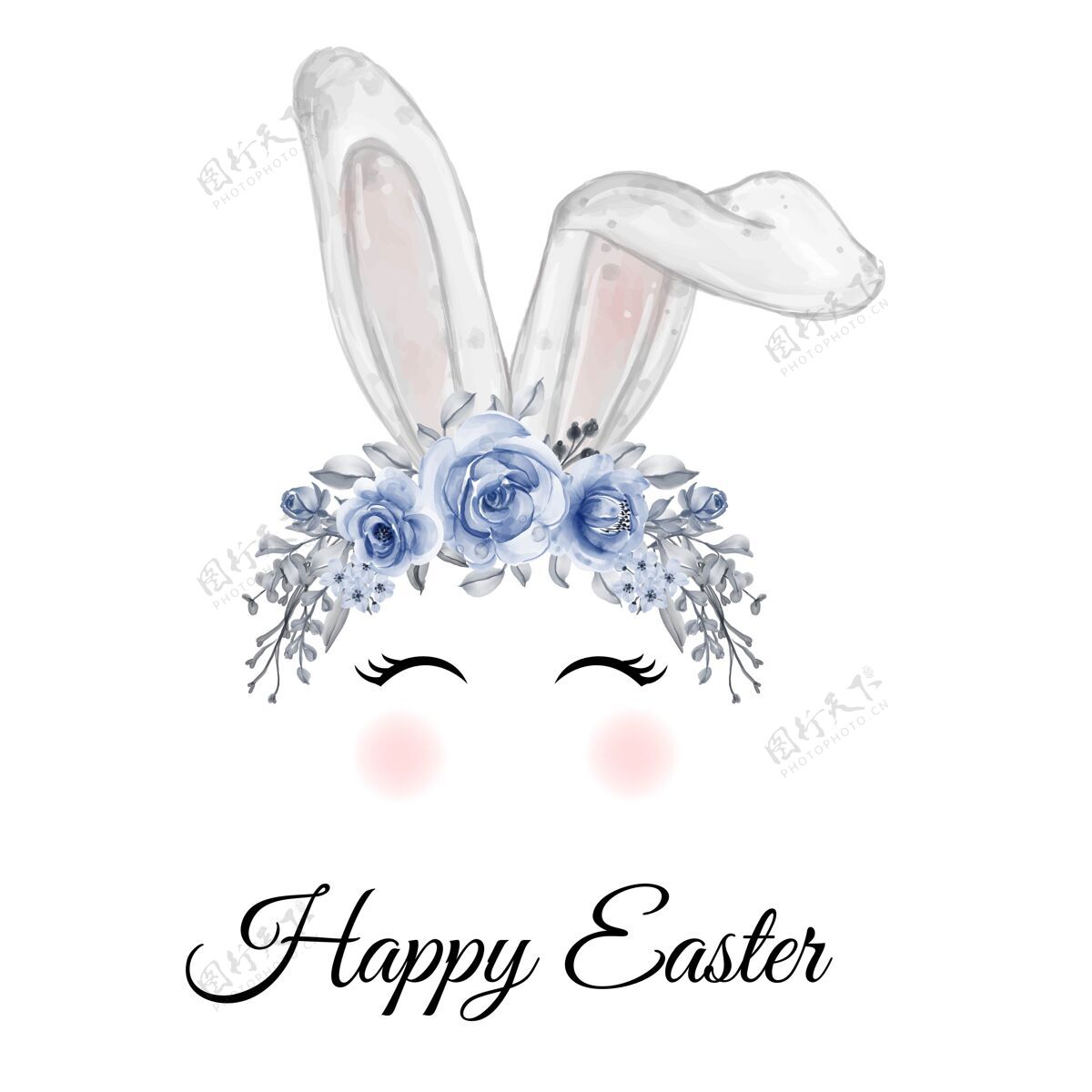 水彩画插图水彩复活节兔子耳朵花冠兔子传统蓝色