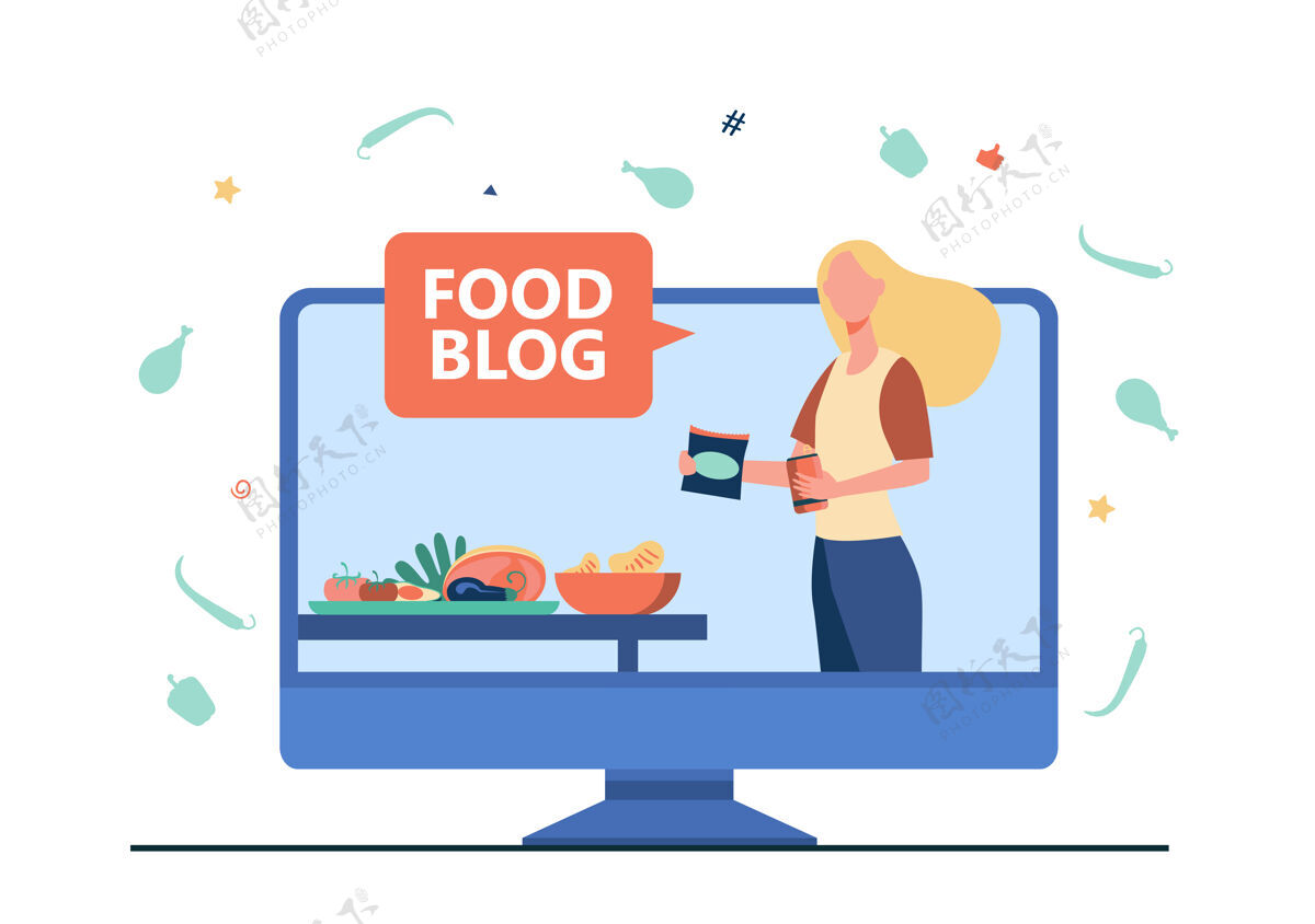 用餐美食博客提供工作坊烹饪在线 视频课程 厨师卡通插图平面卡通电视