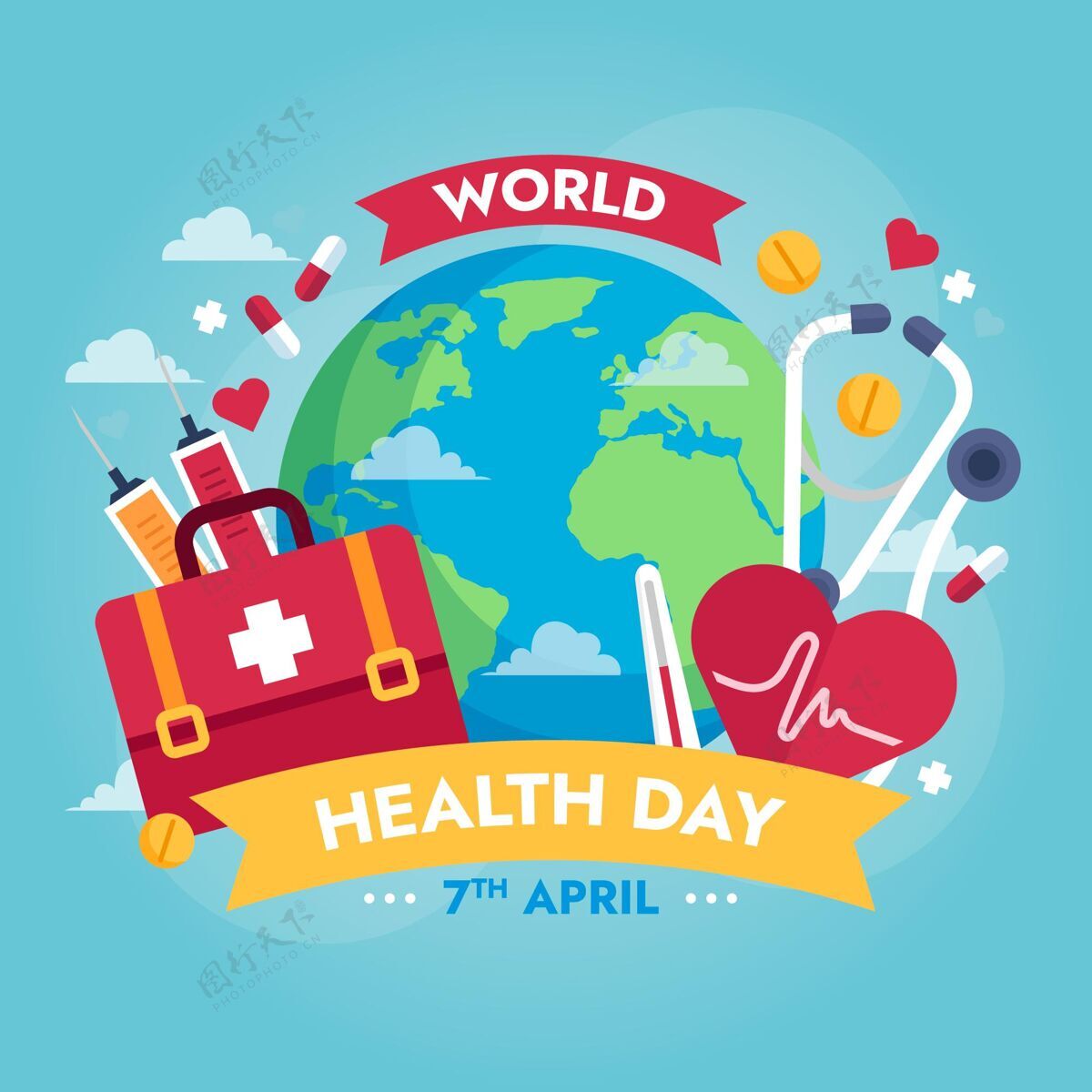 健康世界卫生日插图与地球和急救箱全球医学医疗