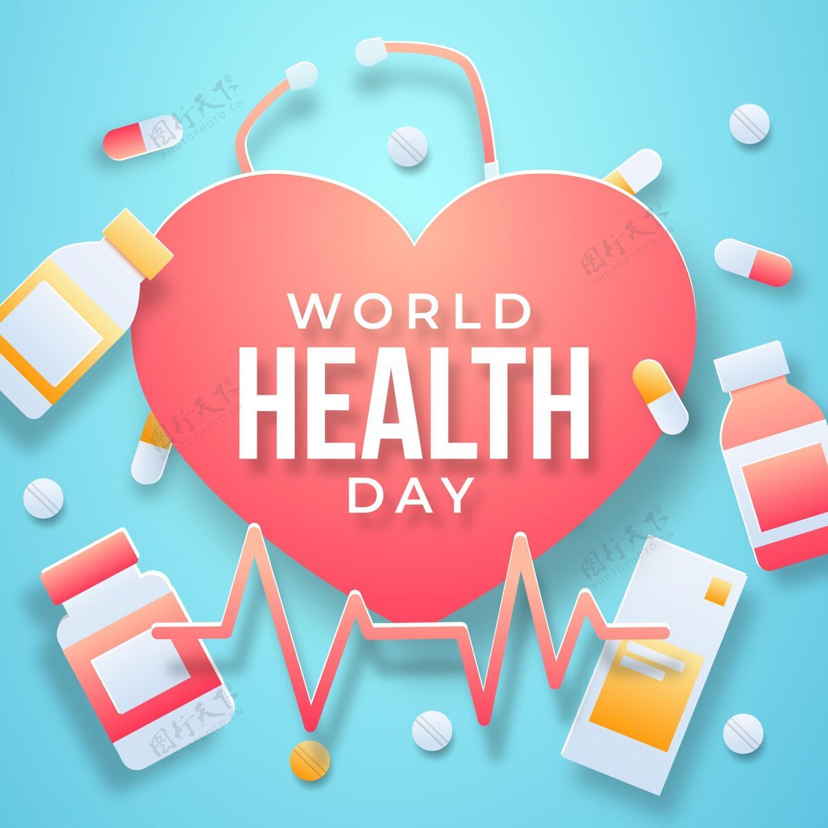 医学世界卫生日插图 纸上有心脏和药丸听诊器医疗保健庆典