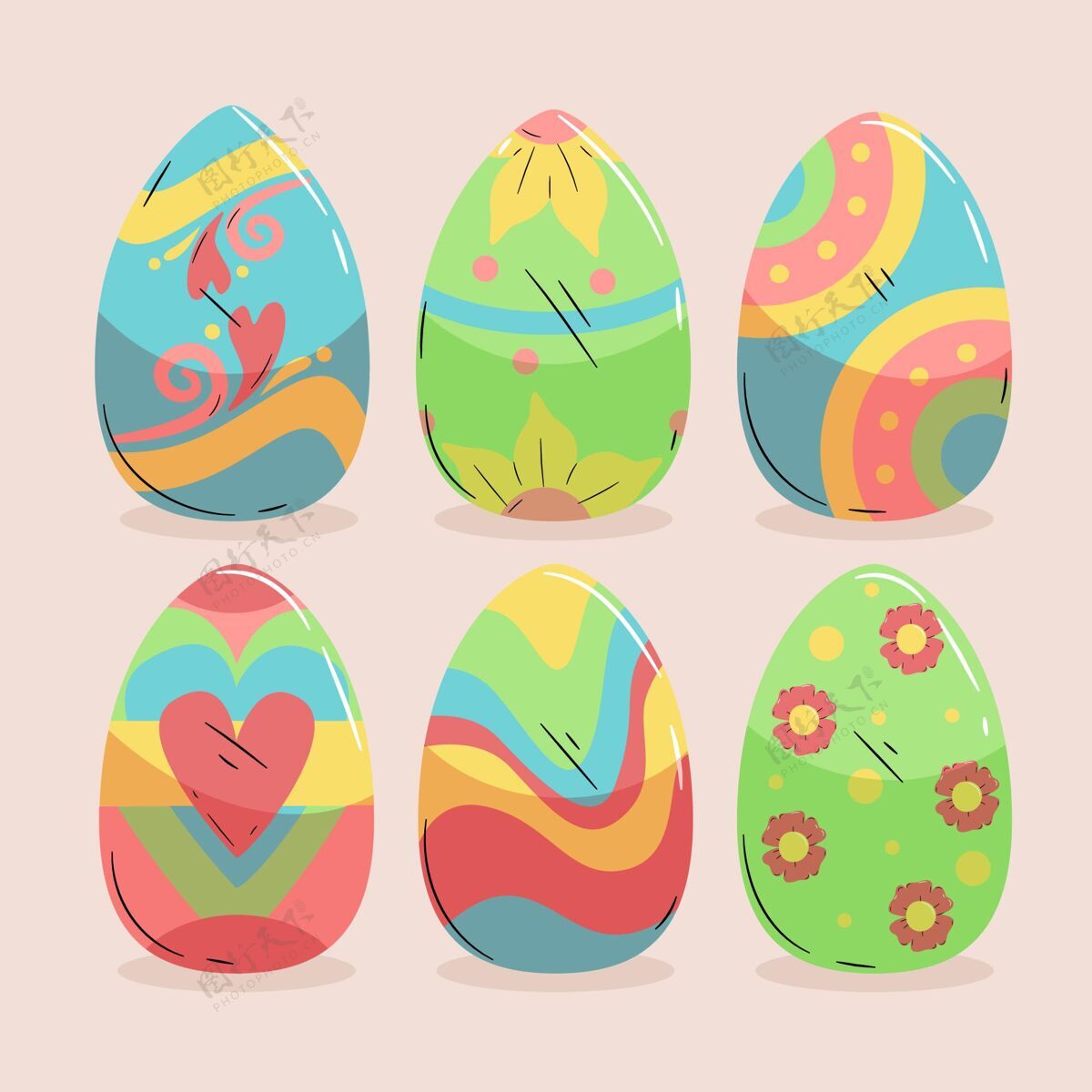 Pascha彩色手绘装饰复活节彩蛋收藏插图包装华丽