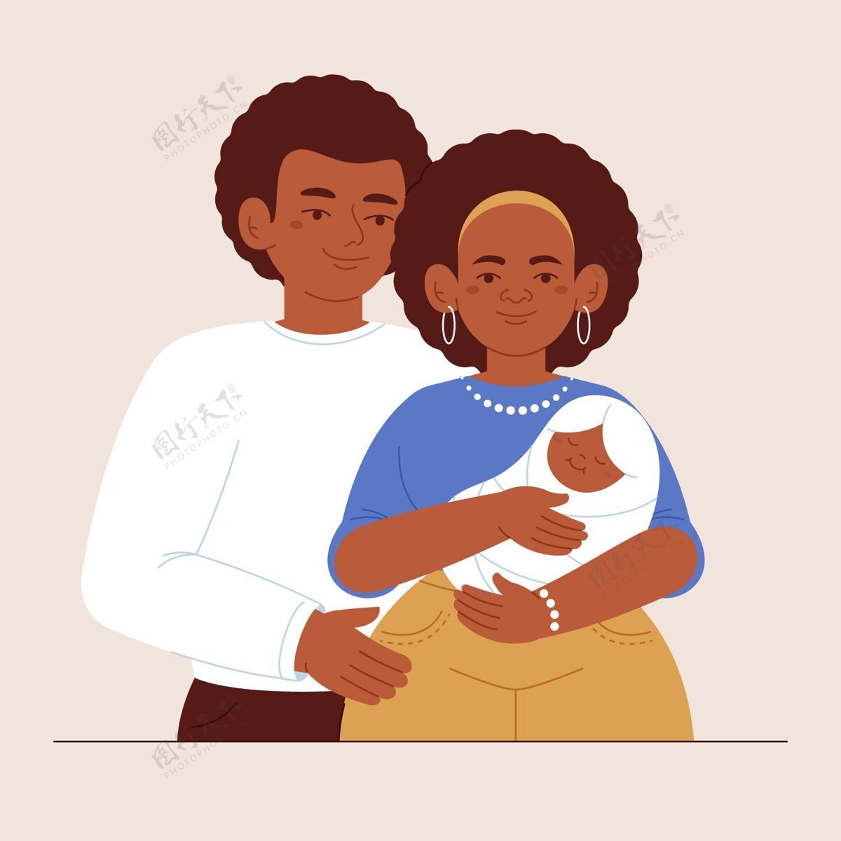 夫妇带宝宝的平面手绘黑色家庭插画黑人男子平面黑人