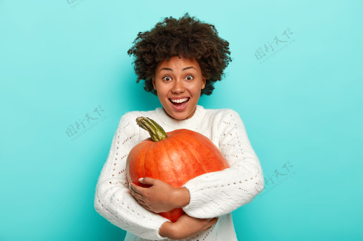 新鲜快乐的非洲女人独享秋景 捧着大熟南瓜 从秋园里摘菜 有着快乐的表情 穿着白色毛衣 在蓝色的背景下模特拥抱南瓜编织
