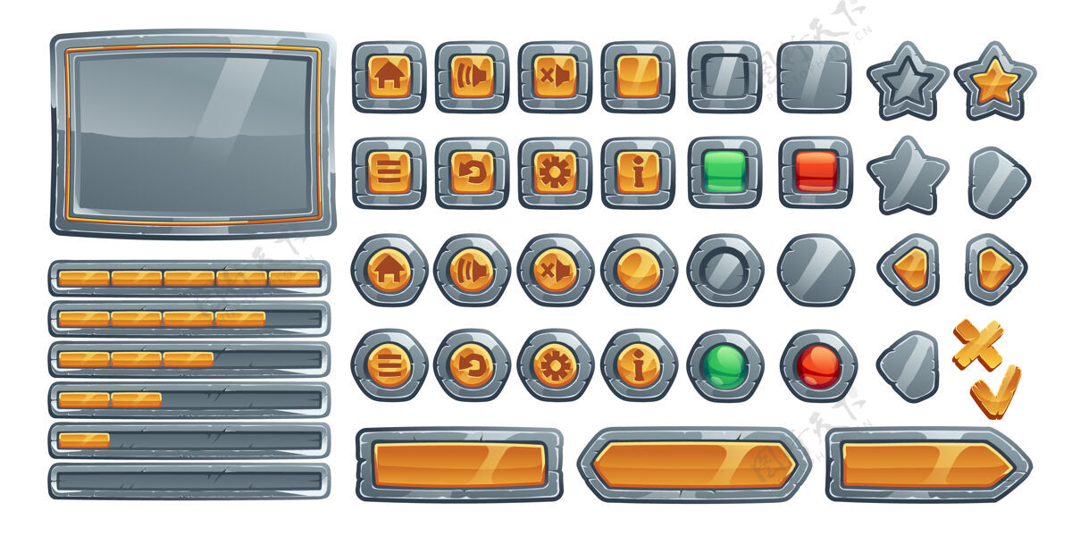 滑块游戏按钮 卡通界面的石头 金属和黄金纹理设置图形用户界面金属