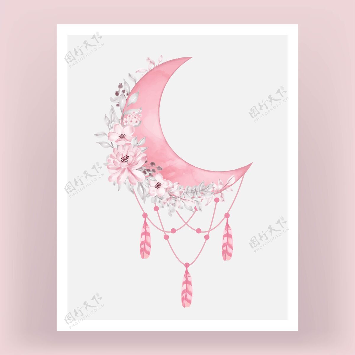 无缝水彩半月在明亮的粉红色阴影与花满月天文光