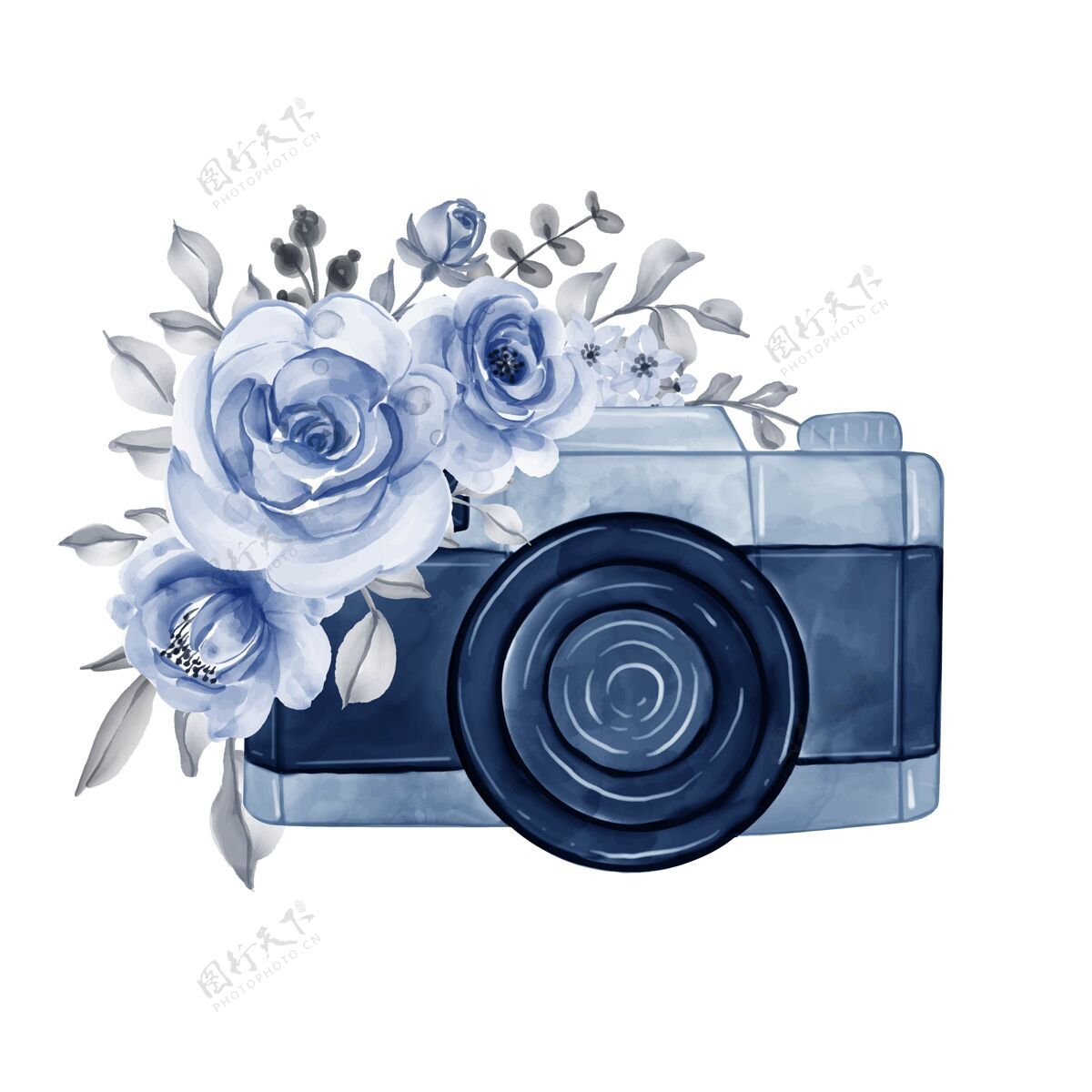 墙艺术水彩花海军蓝插画相机优雅花卉装饰