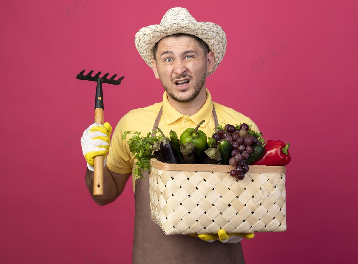 耙子年轻的园丁穿着连体衣 戴着帽子 戴着工作手套 手里拿着装满蔬菜的板条箱 手里拿着迷你耙子 困惑地站在粉红色的墙上看着前面展示看工人