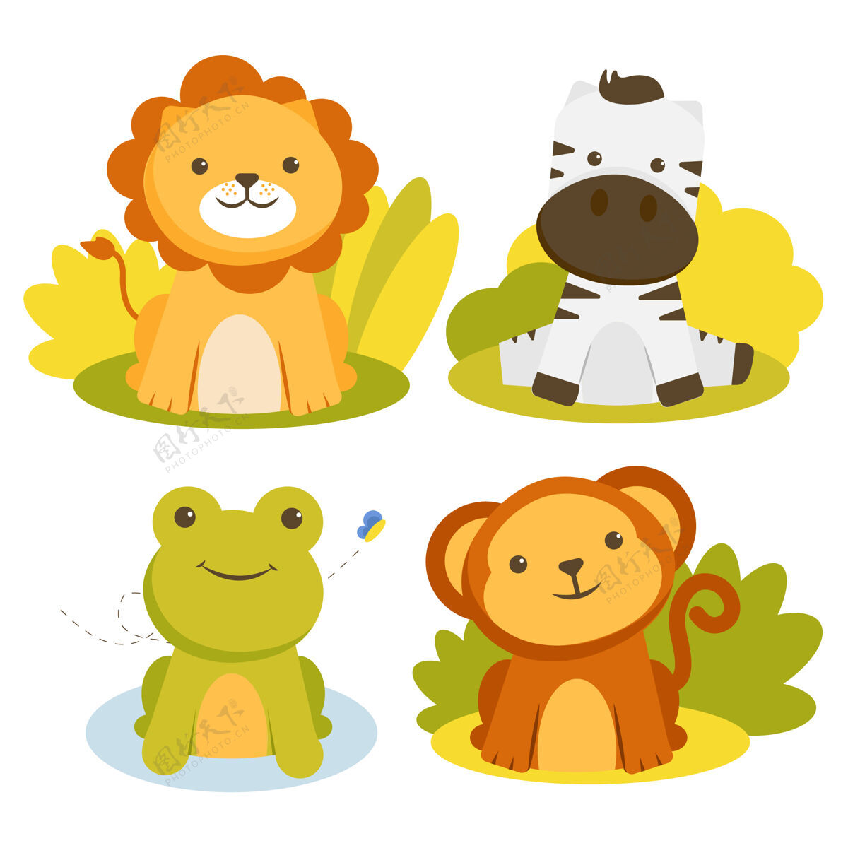 有趣集动物性格与狮子 斑马 青蛙和猴子贴纸脸森林