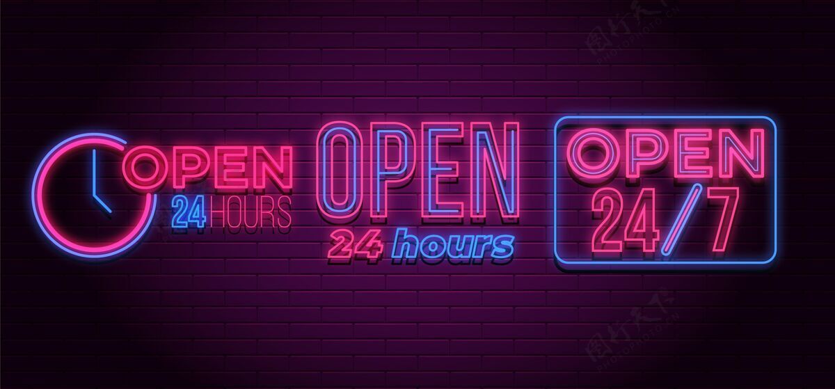 开放24小时霓虹灯“24小时开放”标志板信件效果