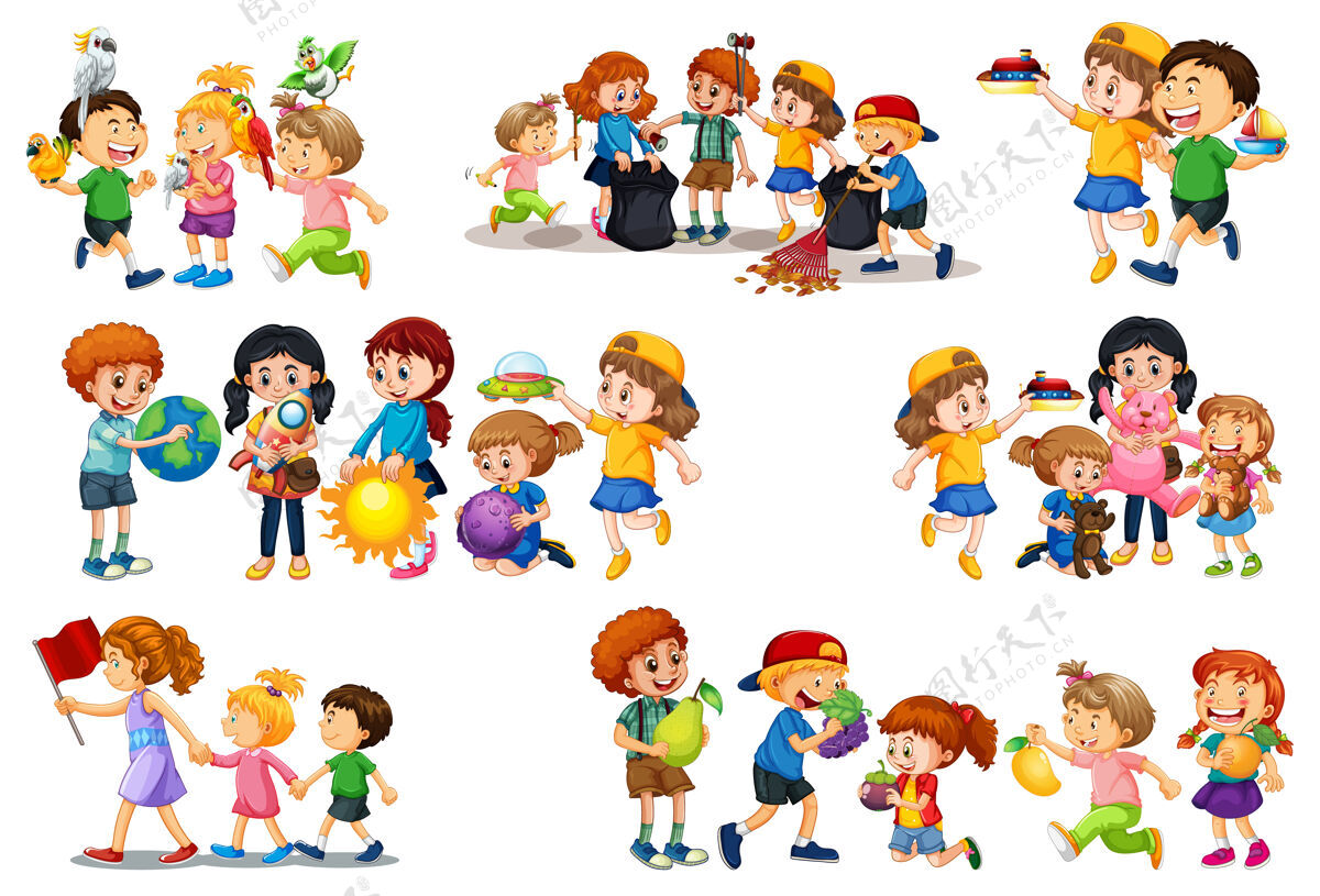 可爱一组不同的孩子玩他们的玩具卡通人物隔离在白色背景上幼儿园人类微笑