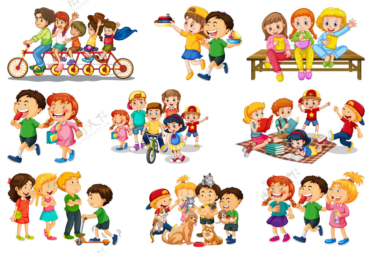 朋友一组不同的孩子玩他们的玩具卡通人物隔离在白色背景上人类微笑童年
