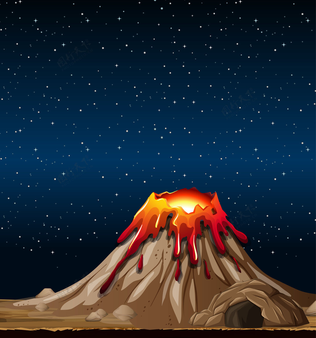 岩石火山喷发在夜间的自然景象岩浆卡通风景