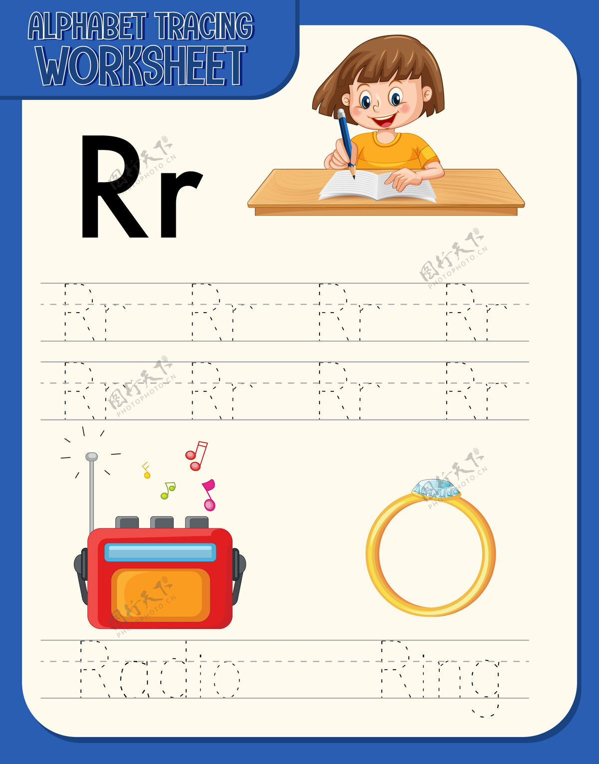 字体字母表跟踪工作表与字母r和r活动动作小学