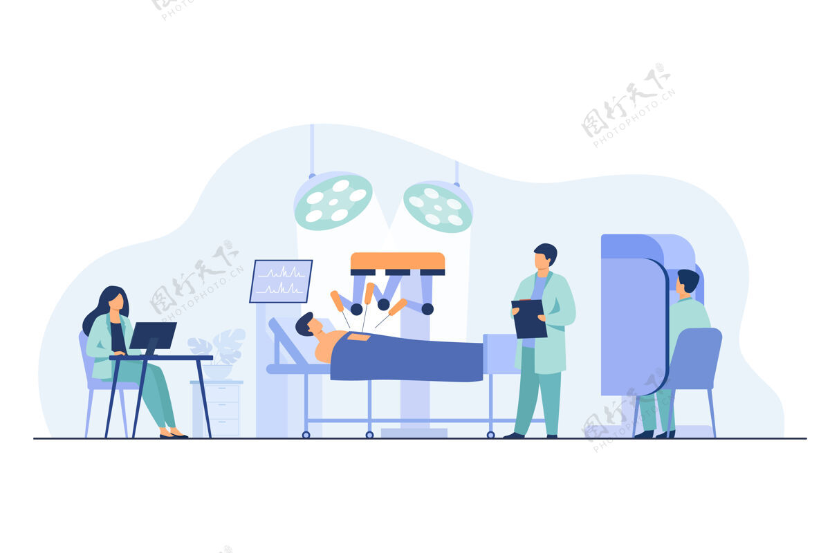 外科手术机器人在病人身上操作外科医生在手术室里监视机器人手臂医院技术工业