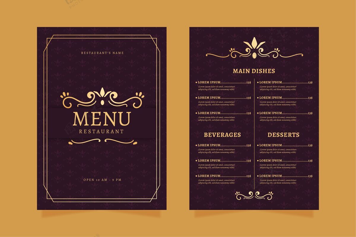 午餐餐厅菜单模板金色紫罗兰色烹饪餐厅菜单饮食