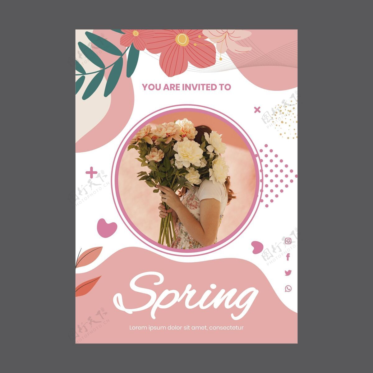 开花有女人和鲜花的春季派对贺卡模板自然广场季节