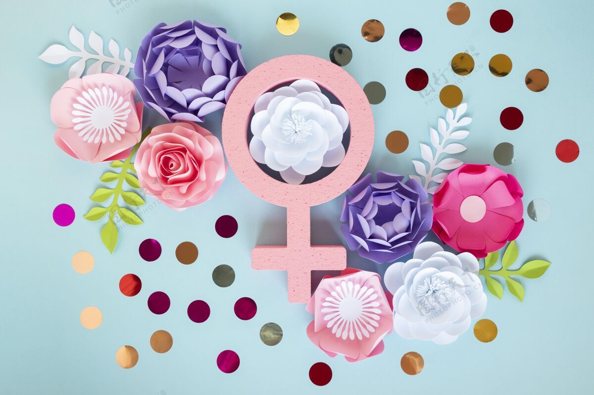 节日妇女节带有女性标志的花卉俯视图妇女节活动性别平等