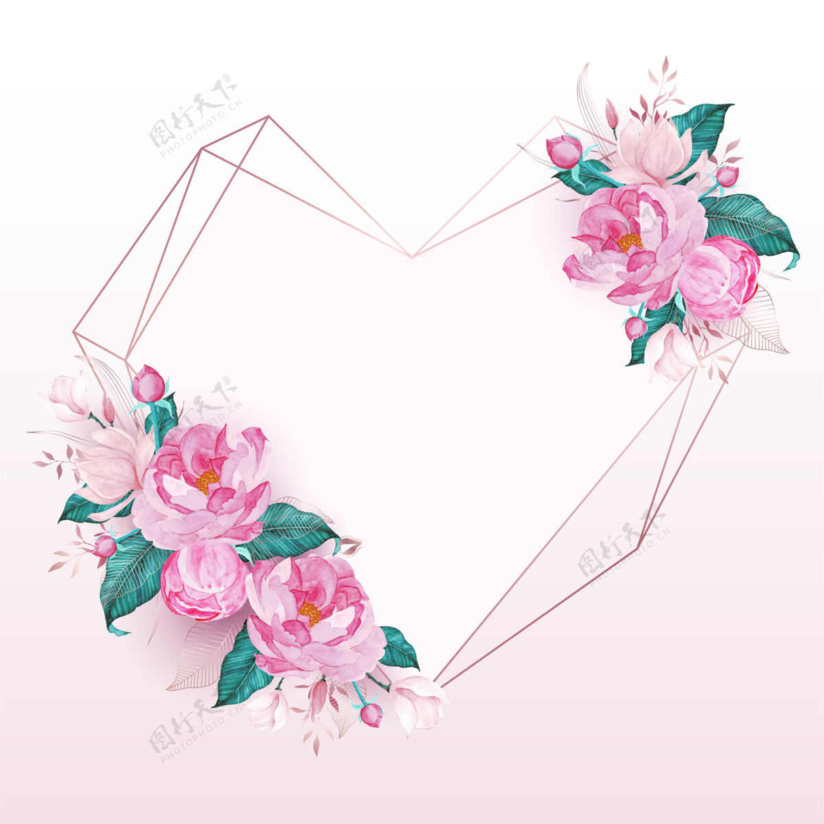 装饰玫瑰金心形框架 以水彩画风格的粉红色花朵装饰 用于制作婚礼请柬花卉玫瑰金花卉