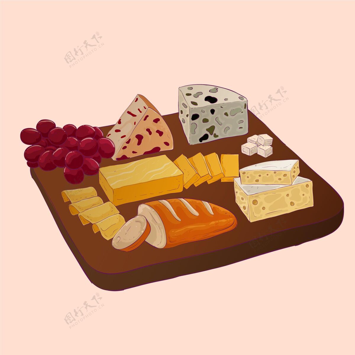 美食手绘奶酪板插图与伴奏图板小吃插图