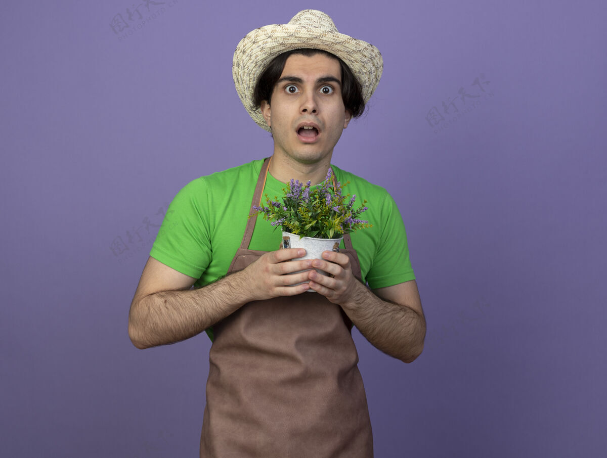 男人惊讶的年轻男园丁穿着制服 戴着园艺帽 在紫色的墙上孤立的花盆里捧着花人年轻人成年人