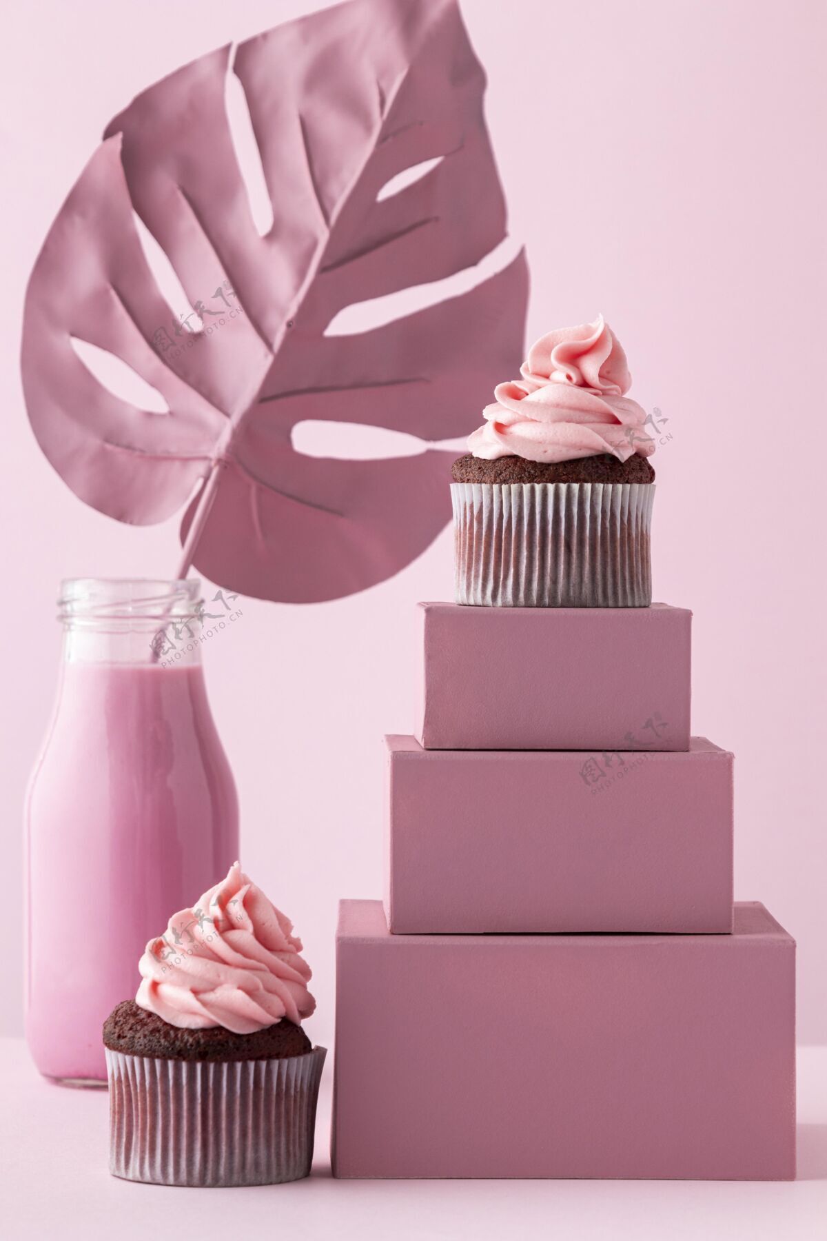 美味盒子上的纸杯蛋糕和植物粉色背景奶油纸杯蛋糕