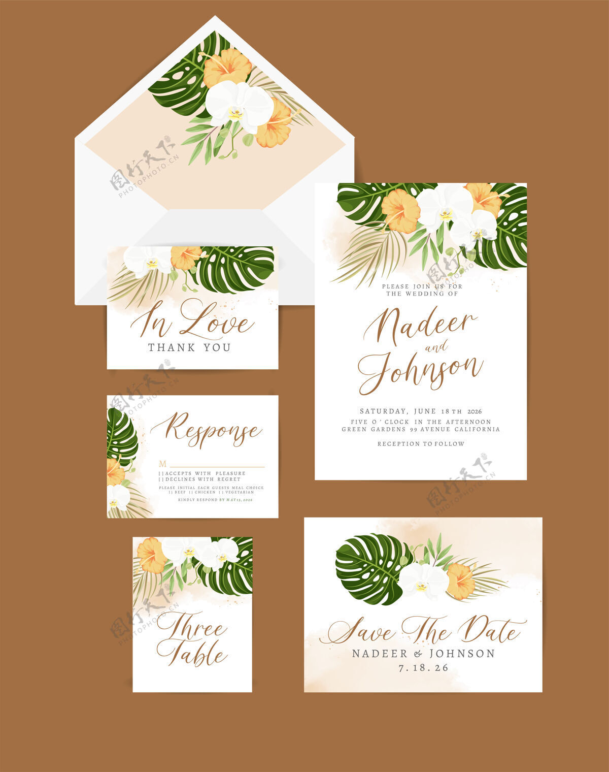 婚礼带有花和叶子装饰的婚礼请柬花卉卡片装饰