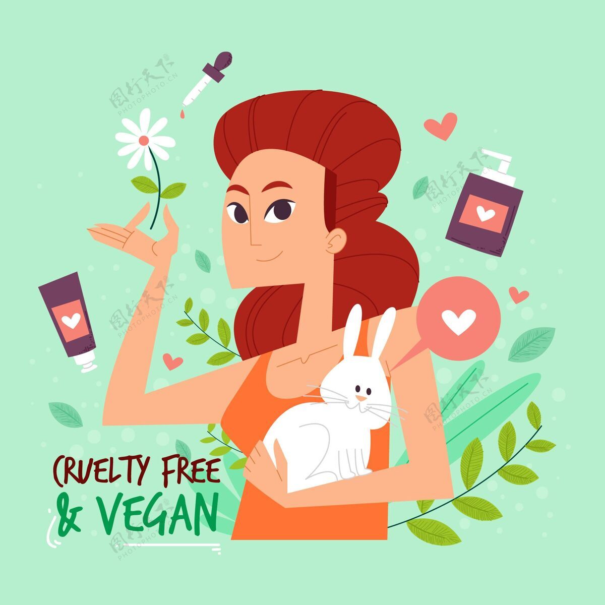 宠物残忍自由和素食主义的信息与妇女举行兔子插图友好素食平面