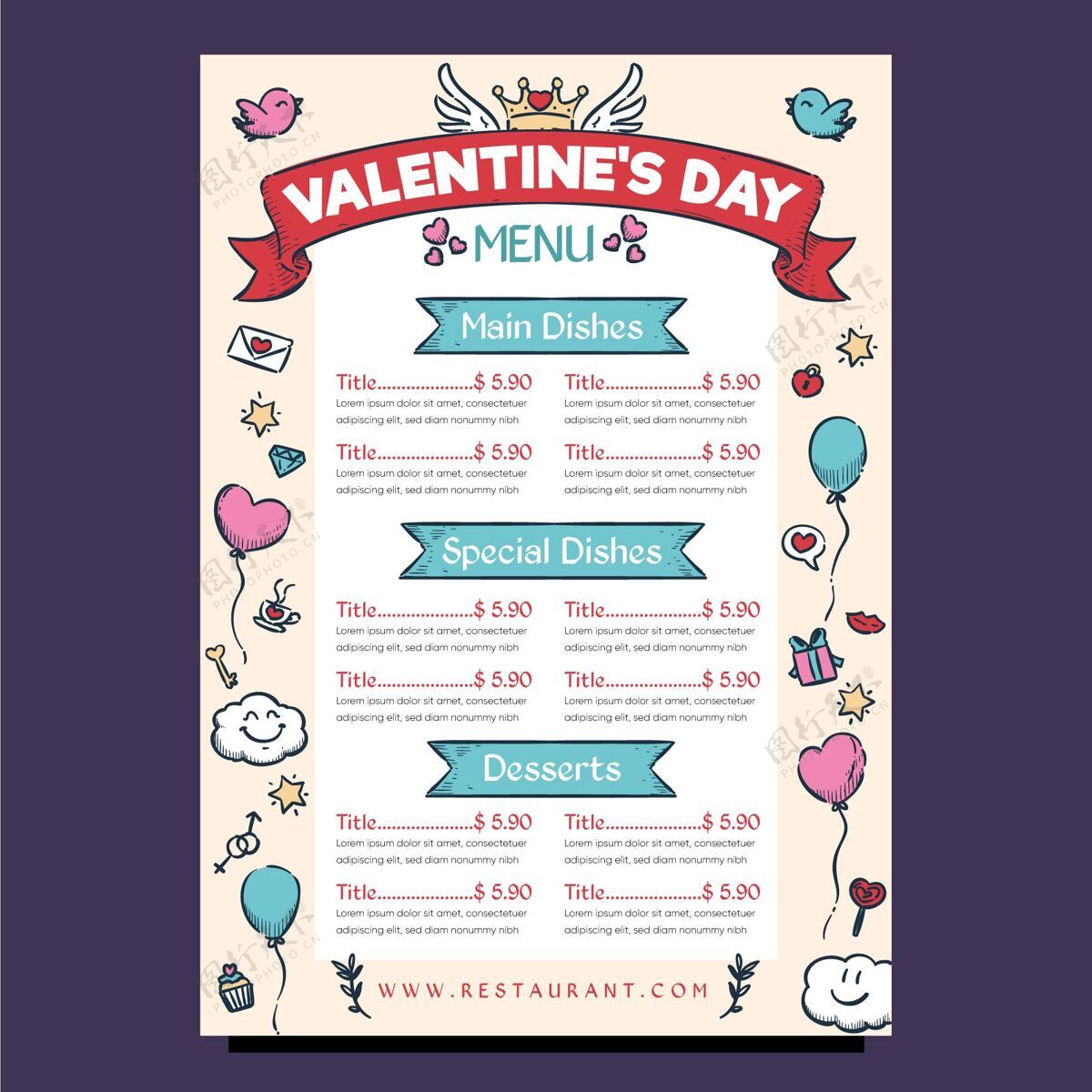 情人节手绘情人节气球菜单模板准备浪漫二月