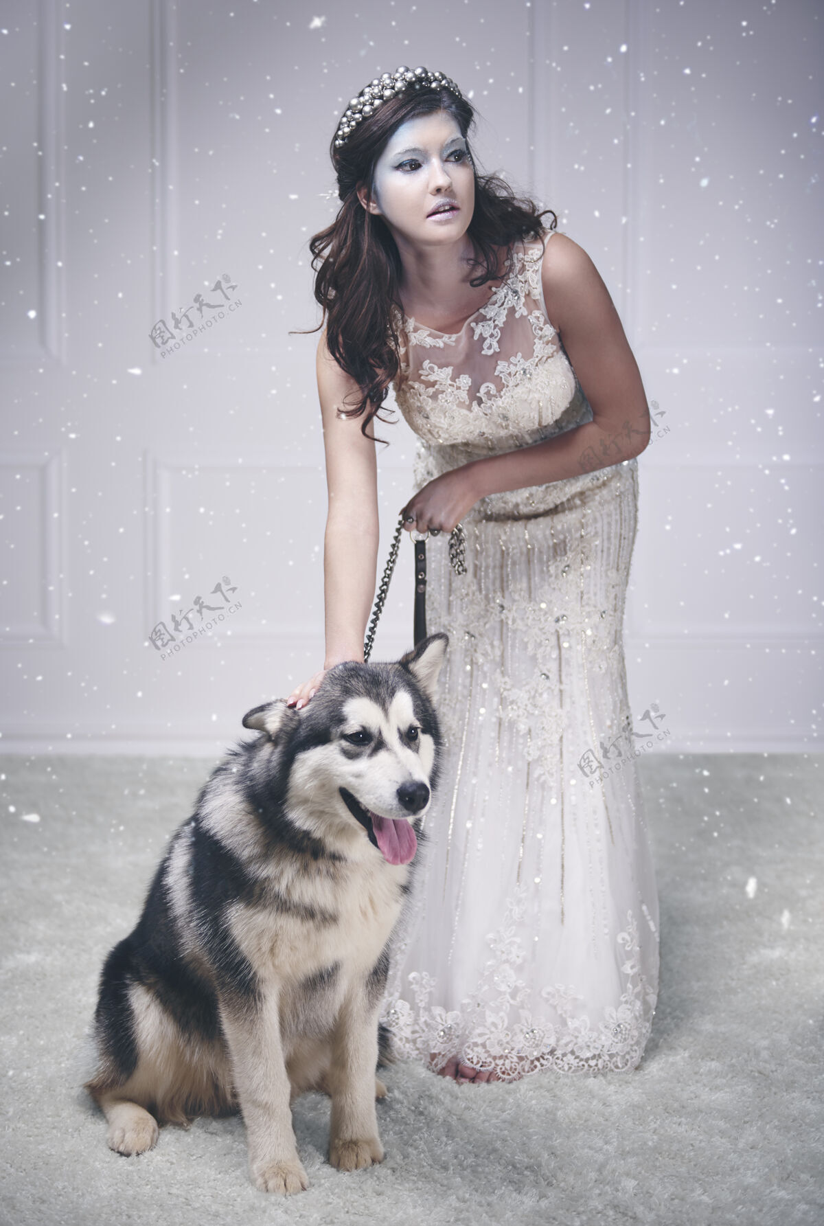 雪少女美丽的冰皇后和狗在雪地里王冠冬天故事