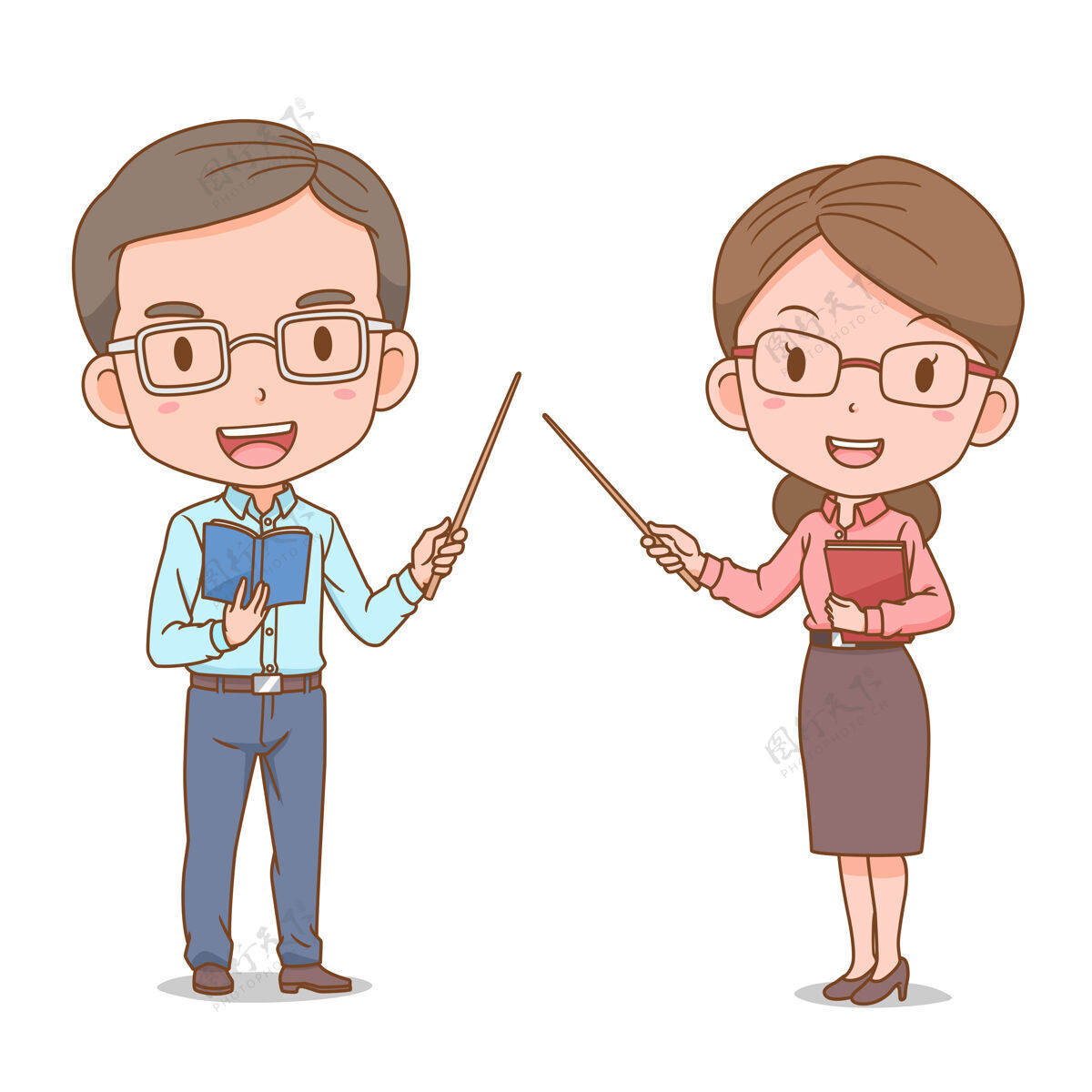 卡通可爱的卡通老师夫妇服装人物眼镜