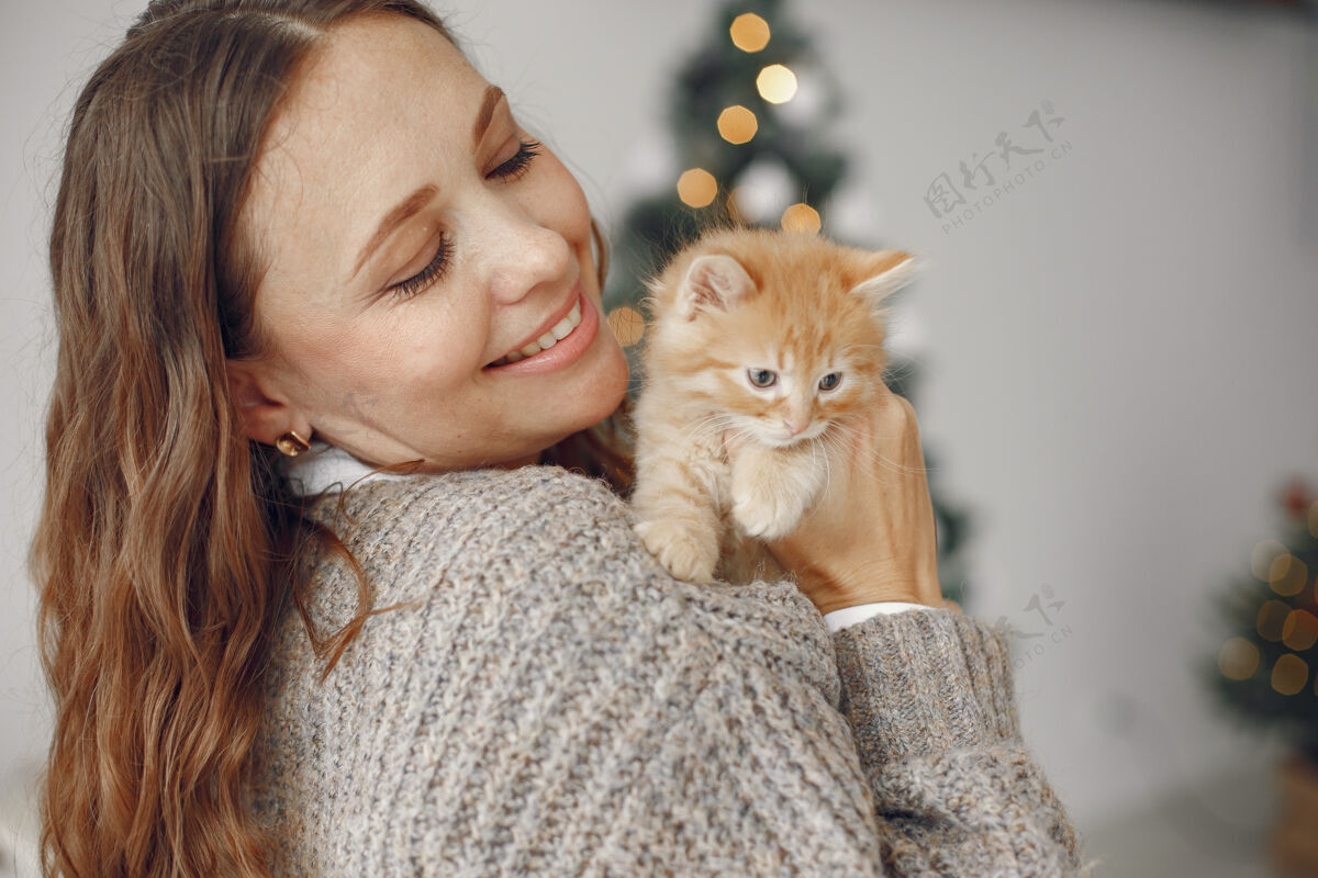 庆祝房间里的女人穿灰色毛衣的人带着小猫的女人惊喜圣诞节欧洲