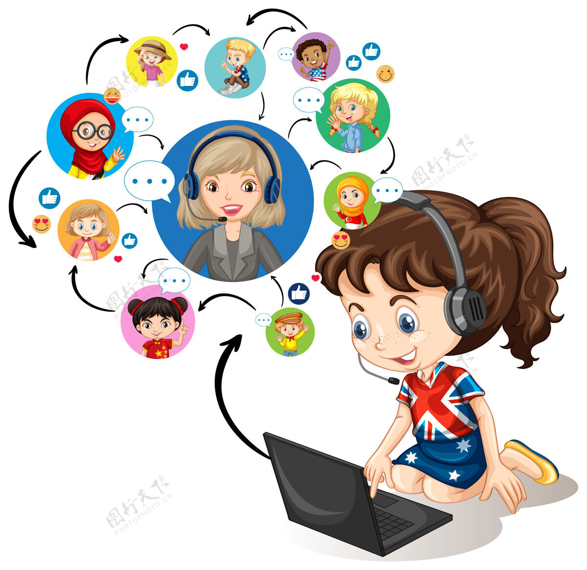 卡通一个女孩用笔记本电脑与老师和朋友在白色的视频会议上交流社交聊天孩子