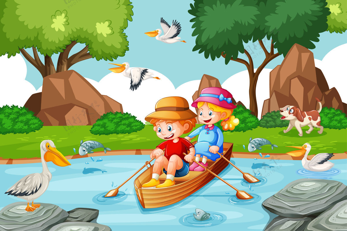 苗圃孩子们在小溪森林里划船快乐狗桨