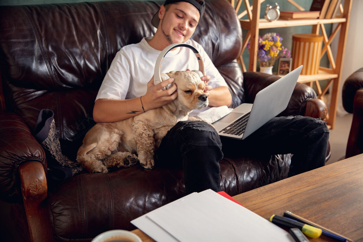 漂亮年轻帅哥坐在棕色沙发上和他的可爱的狗一起工作肖像宠物办公室