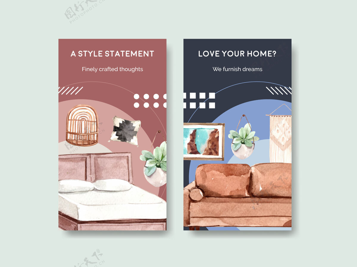 生活Instagram模板与波西米亚家具概念设计社交媒体和在线营销水彩插图房间社区房子