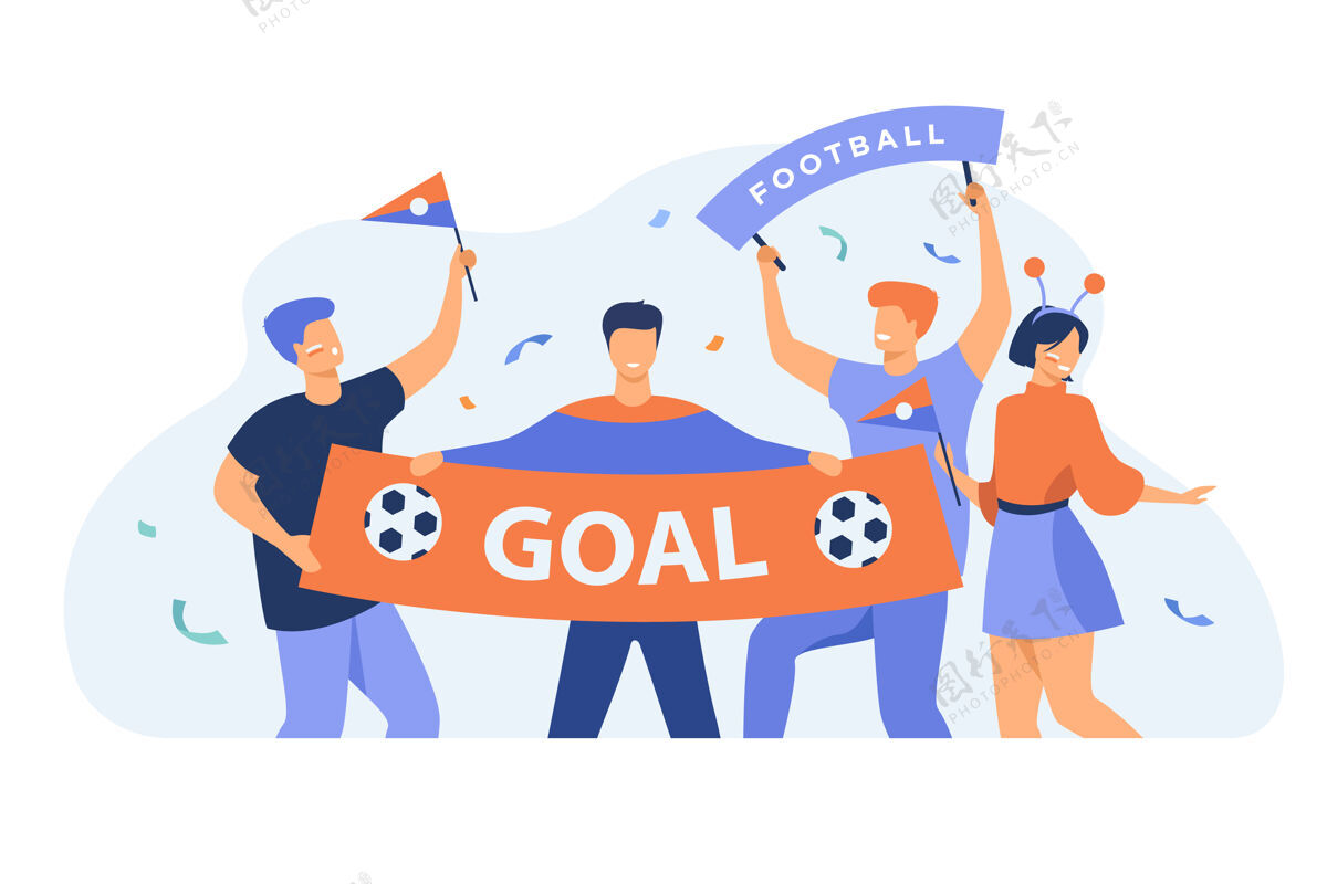 球露天足球球迷举着大横幅与目标隔离平面矢量插图卡通组活跃的人为足球队欢呼体育比赛和庆祝的概念体育乐趣足球